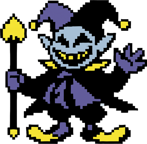 Jevil, un jefe del capitulo 1 de deltarune, es pixleado y el fondo detras de este es color blanco.
In-Game asset.  2d.  High contrast.  No shadows