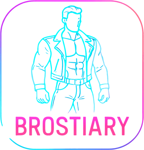 Neon cyberpunk App icon BROSTIARY encyclopedia of black leather biker jacket longsleeves shirtless musxles pants boots hunk outline linework glowing 3d hologram flat
