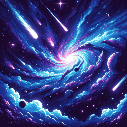 A looping animated GIF of a cosmic scene in deep space, showcasing a vibrant blue and purple galaxy with stars, planets, and comets. The background has swirling nebulae with bright, glowing areas, giving a mystical and expansive feel. Comets move across the scene, leaving trails as they pass, adding a dynamic element to the vast, star-studded universe. The GIF format captures the continuous, endless motion of the comets and stars, evoking a sense of wonder and infinity..
Single Game Texture. In-Game asset. 2d. Blank background. High contrast. No shadows.