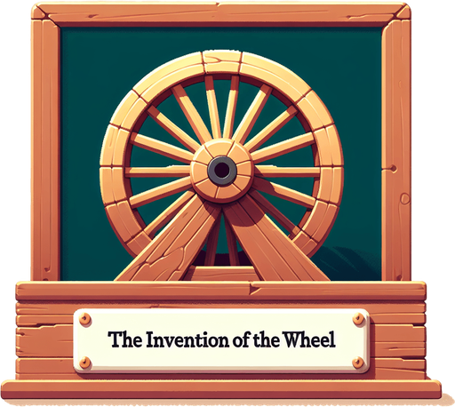 An animated image of a wooden wheel with a sign: The invention of the wheel.
Single Game Texture. In-Game asset. 2d. Blank background. High contrast. No shadows.