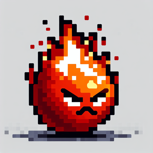 Fireball with angry face.
Single Game Texture. In-Game asset. 2d. Blank background. High contrast. No shadows. 8 bit