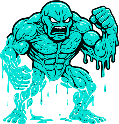 İnsan boyunda elleri kolları ayakları olan sinirli kaslı damarlı egzotik cyan renginde slime yap.
In-Game asset.  2d.  High contrast.  No shadows
