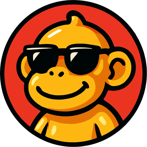 un monito en una imagen redonda, el monito lleva gafas de sol, es de plastico y tiene una sonrisa.
In-Game asset.  2d.  High contrast.  No shadows