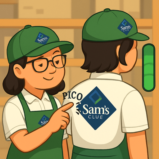 Ambos deberan ser trabajadores de sams club, gorra verde con el logo, la chica de la izqueirda debera usar lentes, polo blanca, mandil verde con el logo del trabajo.
EL chico de la derecha, pelo negro un poco alrgo, gorra igual verde y el amndil.

Igual el de la derecha usara playera de polo blanca.

Y al ededor de la mano que esta tocando deberia decir PICO PICO, COMO SI FUERA UN EFECTO DE SONIDO AL TOCARLO