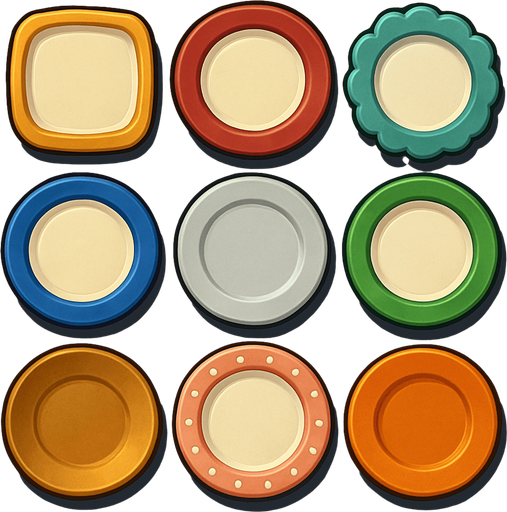 Pack of different plates.
In-Game asset.  High contrast.  No shadows. 3D