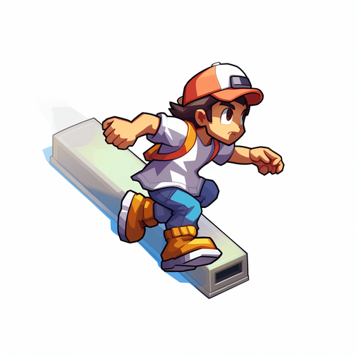Single subway surfer character. Running upwards. Camera from right above.

Game Texture. In-Game asset. 2d. Pixelart. White background. Blank background. Low detail. High contrast.