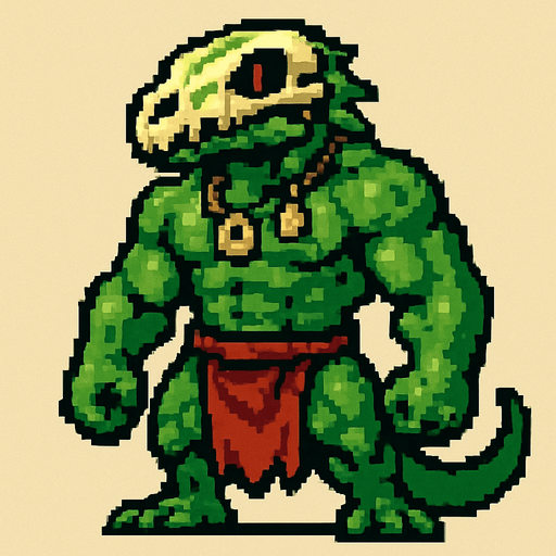 Lagarto furry fuerte sin camisa y con taparrabos, que en la cara lleve un cráneo de otro lagarto, que lleve colgantes y que sea pixeleado.
In-Game asset.  2d.  High contrast.  No shadows