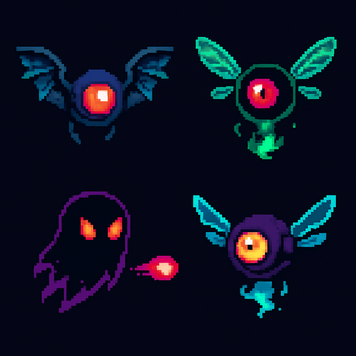 Crea enemigos voladores estilo pixel art, ideales para un juego de plataformas retro. Deben flotar o volar sobre el jugador, con movimientos suaves o erráticos. Pueden tener alas mecánicas, alas de insecto, o simplemente levitar con energía. Que se vean amenazantes, pero simples de animar.

Pueden tener:

Ojos brillantes o un solo ojo (tipo dron o criatura mágica).

Colores oscuros o neón, para resaltar en niveles digitales o de noche.

Algunos pueden disparar proyectiles, otros solo hacen daño al contacto..
In-Game asset.  2d.  High contrast.  No shadows