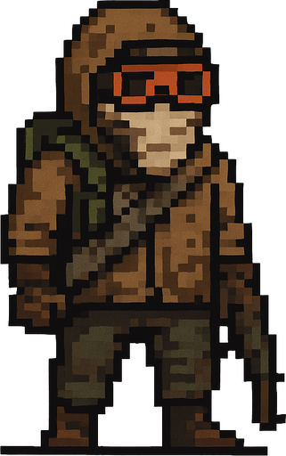 Post apocalyptic man pixel art less pixel.
In-Game asset.  2d.  High contrast.  No shadows. Pixel art
