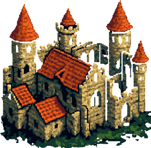 O telhado de um castelo medieval abandonado com suas torres. arte pixel 32 bits, vista aerea frontal.
In-Game asset.  2d.  High contrast.  No shadows