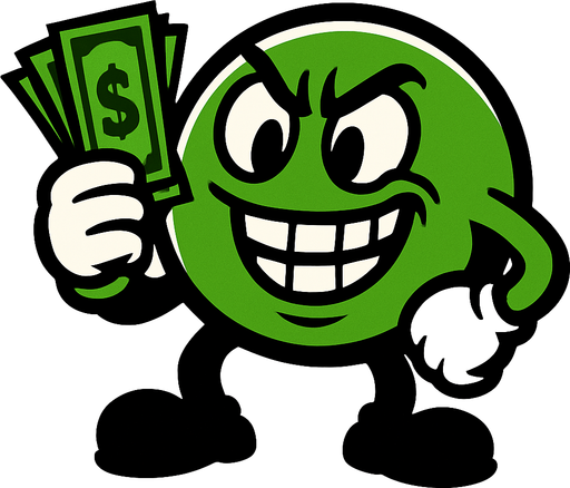 A rich, greedy green ball has a wad of cash in his hand.
In-Game asset.  High contrast.  No shadows