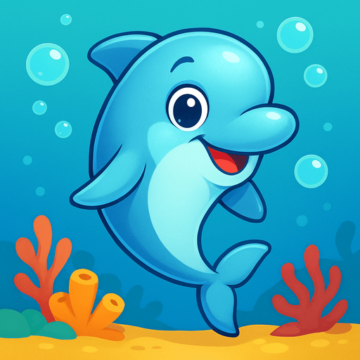 A cute cartoon-style dolphin character designed for a mobile game. Smooth, shiny skin, big round eyes full of curiosity, a friendly smile, and a playful pose as if leaping or floating in water. Light blue or aqua color with soft highlights, small flippers, and a sleek body. Joyful and approachable expression. Simple, colorful underwater background with bubbles and coral. High-quality digital illustration, perfect for a kids game..
In-Game asset.  2d.  High contrast.  No shadows. cartoon style
