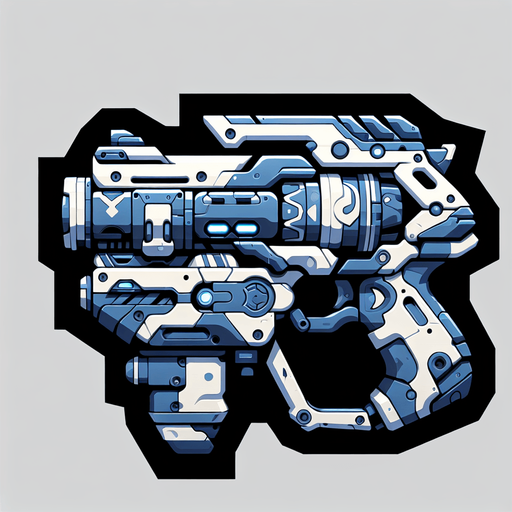 A cartoon-style toy gun with a futuristic design, mainly blue with white and black details, a large trigger, and a barrel that shoots darts.".
Single Game Texture.  In-Game asset.  2d.  Blank background.  High contrast.  No shadows