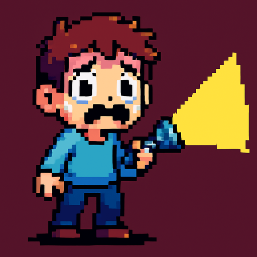 a scared pixel art kid with a flashlight.
In-Game asset.  High contrast.  No shadows