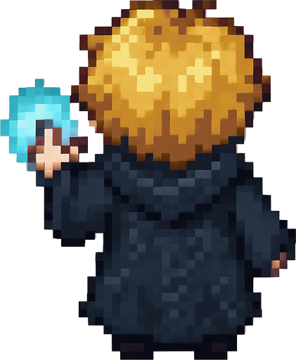 "Top-down 2D pixel art of a young male wizard child, viewed from a perfect 90-degree angle directly overhead (true bird’s-eye view), facing away from the viewer (back view). He has short, wavy blonde hair and wears a long, flowing black robe with subtle magical runes on it. Small dark boots are barely visible beneath the robe. His robe has a slightly oversized hood resting on his back. He is standing still in a casting pose, one small hand slightly raised forward as if ready to cast a spell. A glowing blue aura surrounds his hand to indicate magic. The lighting is soft and ambient, suitable for a fantasy RPG game. Style is classic 16-bit RPG pixel art, SNES-era quality. Transparent background.".
In-Game asset.  2d.  High contrast.  No shadows
