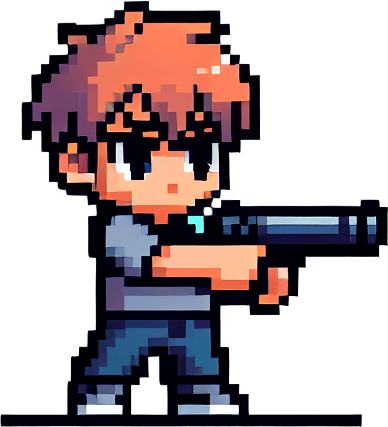Make an 8 bit boy with a gun.
Single Game Texture.  In-Game asset.  2d.  Blank background.  High contrast.  No shadows