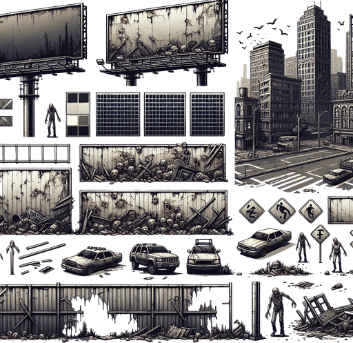 Zombie apocalypse city.
Single Game Texture.  In-Game asset.  2d.  Blank background.  High contrast.  No shadows