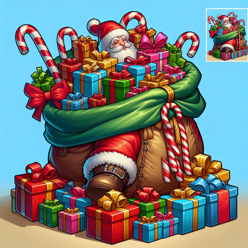 open top of Santa's sack. wrapped presents with ribbons and box, vivid colours, candy canes Single Game Texture. In-Game asset. 2d. Blank background. High contrast. No shadows.