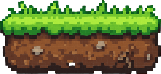 El suelo debe ser una plataforma horizontal clara y visible en la parte inferior de la pantalla, con diseño tipo césped verde brillante sobre tierra marrón, estilo pixel art, con bordes irregulares o redondeados para que no se vea plano ni rígido; puede tener pequeños detalles como piedritas o raíces, pero sin recargarlo, y debe contrastar bien con el cielo para que el personaje destaque al caminar sobre él..
In-Game asset.  2d.  High contrast.  No shadows