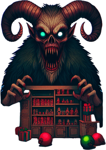 Eerie Christmas-inspired toy shop The only text on screen should be the title "Krampus Lockdown" centered on the image..
Single Game Texture. In-Game asset. 2d. Blank background. High contrast. No shadows.