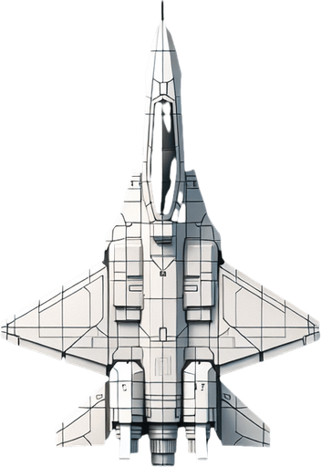 top-down view, spaceship in the shape of a fighter jet. pointed upwards.
Single Game Texture.  In-Game asset.  2d.  Blank background.  High contrast.  No shadows