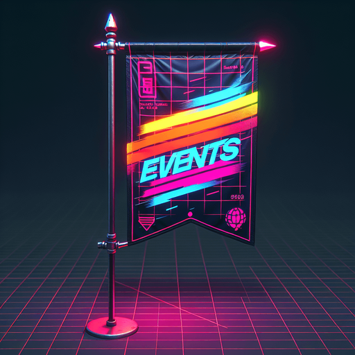retro cyberpunk pole flag in neon colors with the words 'events' on it..
Single Game Texture. In-Game asset. 2d. Blank background. High contrast. No shadows.