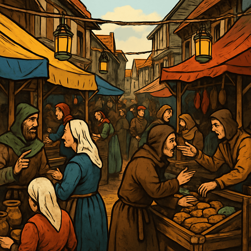 A crowded medieval street market with colorful tents, villagers bargaining, hanging lanterns, dirt road and wooden stalls, lively and rustic, realistic.
In-Game asset.  2d.  High contrast.  No shadows
