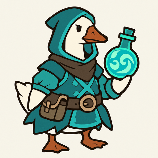 Emden Goose in Cyan Outfit of Treasure Hoarders armed with cyan anemo potion.
In-Game asset.  2d.  High contrast.  No shadows