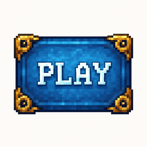 A big button that say Play to start playing a game. Use blue magical style 2d pixel art, golden corners
Single Game Texture. In-Game asset. 2d. Blank background. High contrast. No shadows.