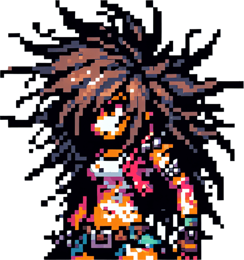 8 bit girl with wild hair holding up a  big bucket above her head to catch water, punk rock, main character.
Single Game Texture. In-Game asset. 2d. Blank background. High contrast. No shadows.