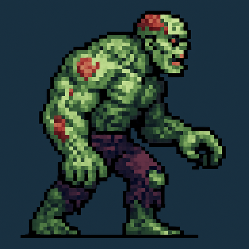 A large muscular zombie. left in a side view.
pixel art.
In-Game asset.  2d.  High contrast.  No shadows