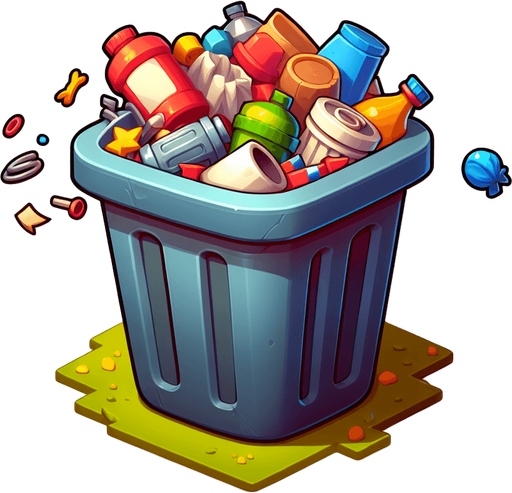 Cartoon overflowing trash can, game asset, floating
Single Game Texture. In-Game asset. 2d. Blank background. High contrast. No shadows.