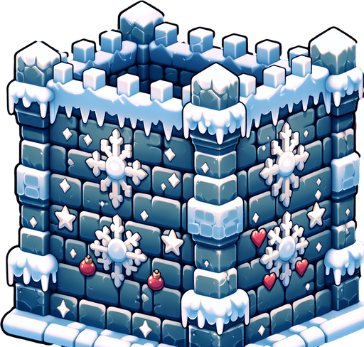A medieval wall built of ice blocks, with stars and christmas hearts as ornaments. Single Game Texture. In-Game asset. 2d. Blank background. High contrast. No shadows.
