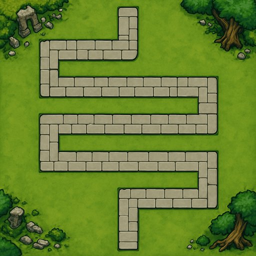 A top-down orthographic view of a TD map. The focus is a single, continuous stone-paved path. This path is a long, serpentine line that twists and turns across the map in a strict grid pattern with sharp 90-degree angles. Crucially, the path never forks, branches, or intersects with itself; it is one unbroken line from start to finish. It enters at the top-center edge and exits at the bottom-center edge. The buildable areas next to the path are wide, flat, and empty grass. All decorative clutter, like mossy ruins and ancient trees, is kept exclusively on the outer perimeter of the map. Stylized and hand-painted. --no towers, no characters, no buildings, no crossroads, no forks.
In-Game asset.  2d.  High contrast.  No shadows