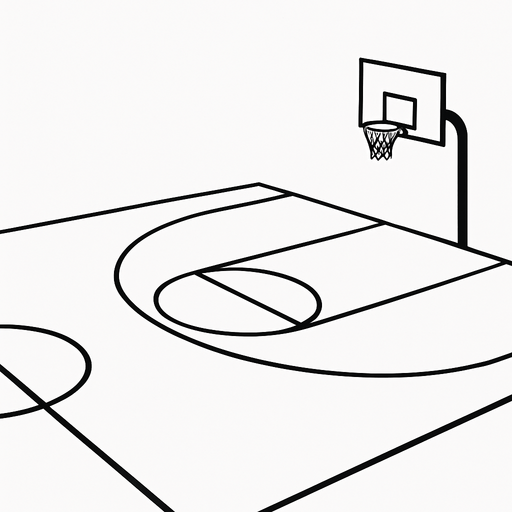 A minimalist black and white basketball court background. The court is shown from a side view or slightly isometric angle. It includes clear outlines for the hoop, backboard, half court line, and three-point arc, all in clean black lines on a white surface (or vice versa). The style is modern, simple, and flat — no players, just the environment..
In-Game asset.  2d.  High contrast.  No shadows
