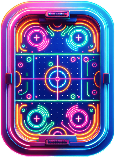air hockey table with neon lights. top view.
Single Game Texture. In-Game asset. 2d. Blank background. High contrast. No shadows.