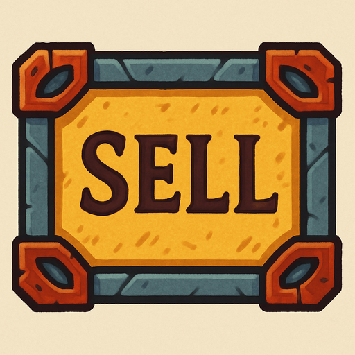 ortaçağ temalı buton üstünde SELL yazıyor.
In-Game asset.  2d.  High contrast.  No shadows
