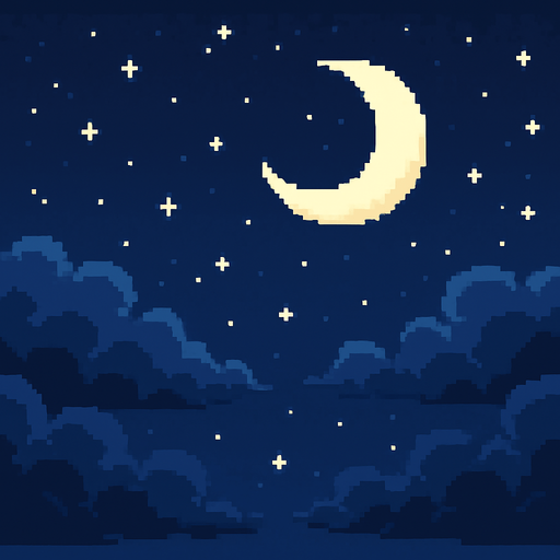 Night sky background, dark blue clouds, stars and moon, peaceful nighttime atmosphere, 2D pixel art.
In-Game asset.  2d.  High contrast.  No shadows