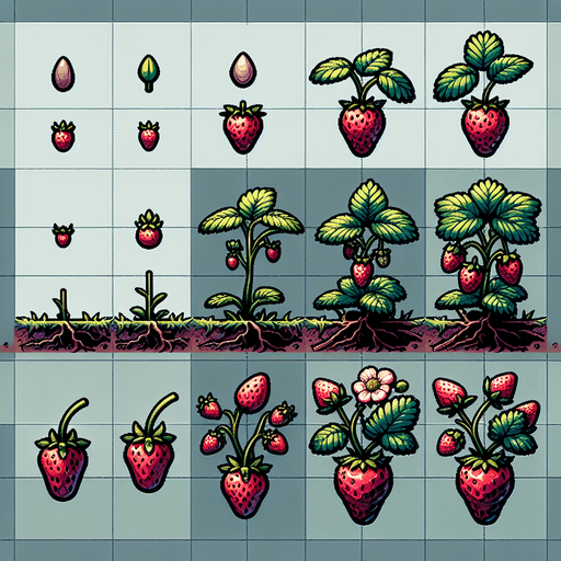A spritesheet showing a strawberry plant in various stages of germantion, from seed over sapling and to full grown plant with ripe strawberries. The sprites should be laid out in a rectangular grid with blank space between them..
Single Game Texture. In-Game asset. 2d. Blank background. High contrast. No shadows.
