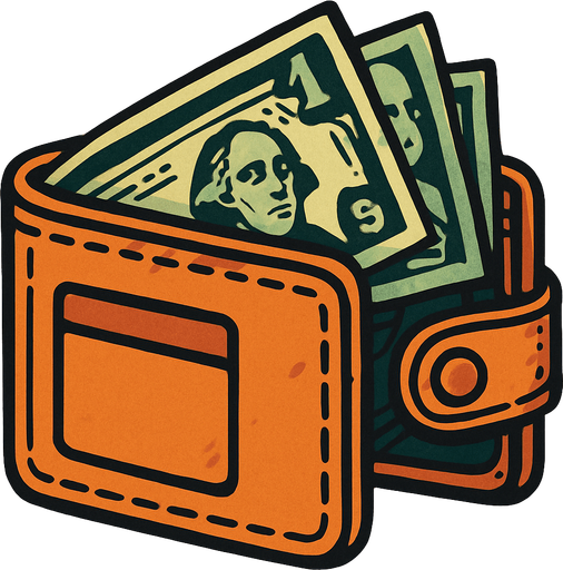 İçinde birkaç dolar olan cüzdan.
In-Game asset.  2d.  High contrast.  No shadows
