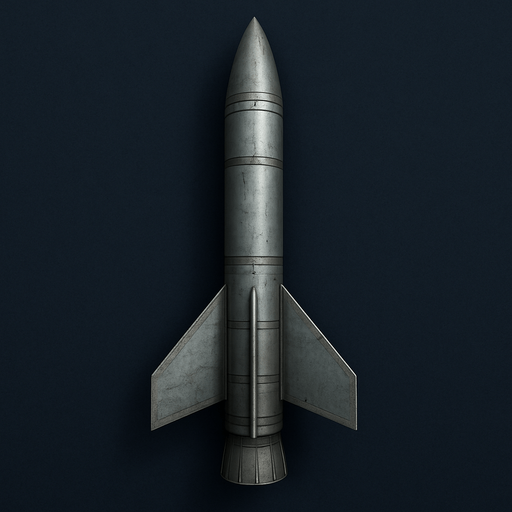 Füze, üstten görünüm, gerçekçi, yazısız.
In-Game asset.  High contrast.  No shadows