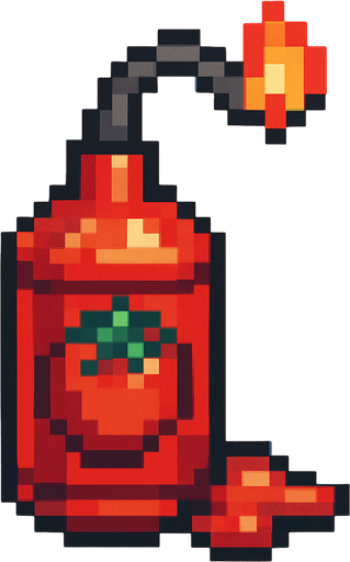 Pixel art of a red ketchup bottle turned into a bomb, with a fuse and tomato sauce leaking out. Small item, cartoonish and fun, pixel style.
In-Game asset.  2d.  High contrast.  No shadows