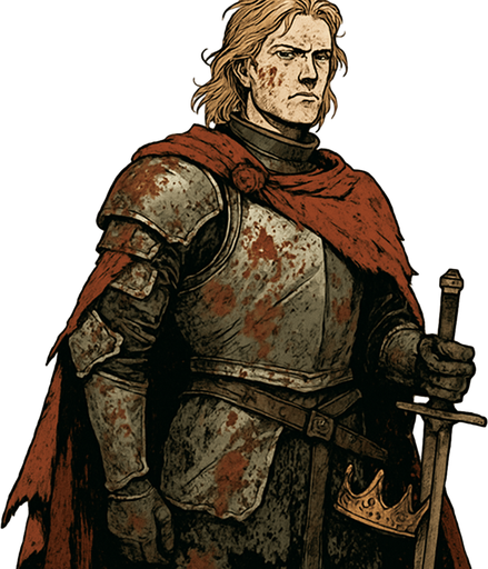 A young prince in a tattered royal cloak, wearing armor half-covered in mud and blood. Male, 31 years old, tall and proud despite exile, with golden blond hair to his shoulders, piercing blue eyes, and fair skin hardened by years of hardship. A broken crown hangs from his belt. He stares out over a ruined battlefield with determination. Realistic, highly detailed, noble tragic style. realistic.
In-Game asset.  2d.  High contrast.  No shadows
