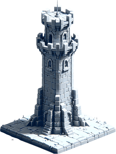 A turret tower built of ice blocks. Front view perspective. Single Game Texture. In-Game asset. 2d. Blank background. High contrast. No shadows.