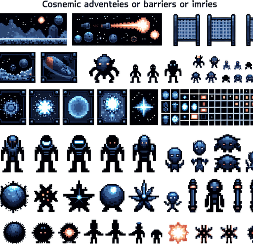 A spritesheet of various planets that are enemy characters or obstacles in a space game. laid out in a grid with blank space between them..
Single Game Texture. In-Game asset. 2d. Blank background. High contrast. No shadows.