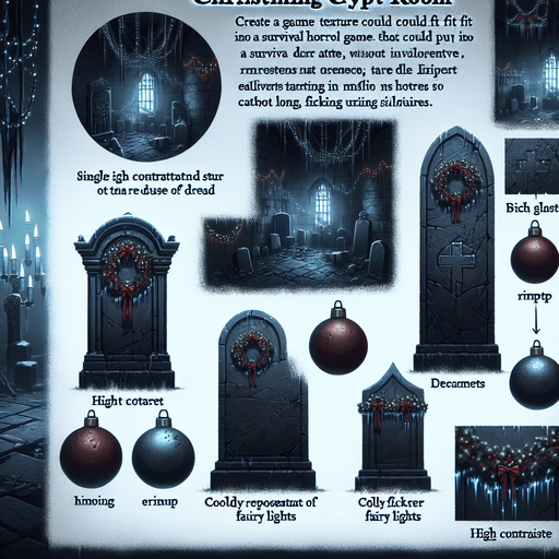 Eerie Christmas-inspired crypt room similar to a resident evil room
Single Game Texture. In-Game asset. 2d. Blank background. High contrast. No shadows.