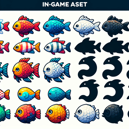 Fish.
Single Game Texture.  In-Game asset.  2d.  Blank background.  High contrast.  No shadows