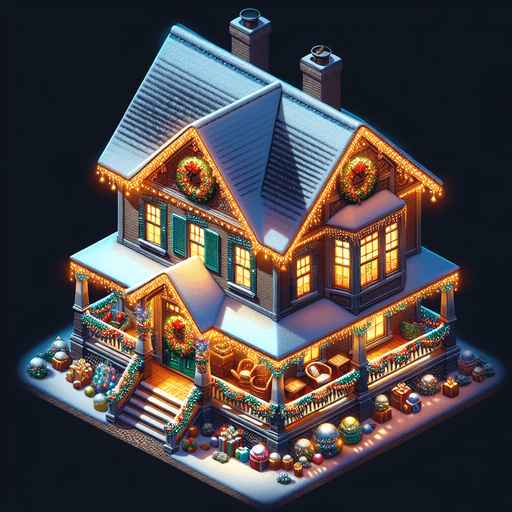 Topdown view of a very christmassy country house Single Game Texture. In-Game asset. 2d. Blank background. High contrast. No shadows.