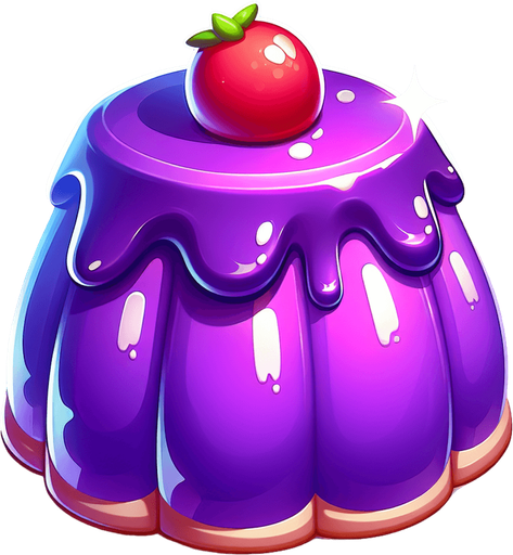 Vibrant purple candy. cartoon. Pudding.
Game asset. 2d. Blank background. High contrast. No shadows.