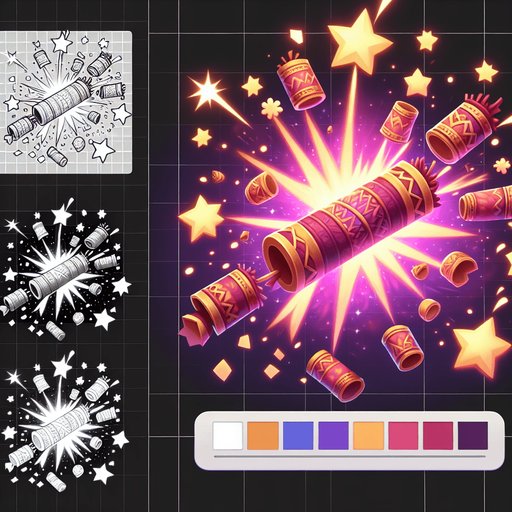 a magic crackers boom effect.
Single Game Texture.  In-Game asset.  2d.  Blank background.  High contrast.  No shadows